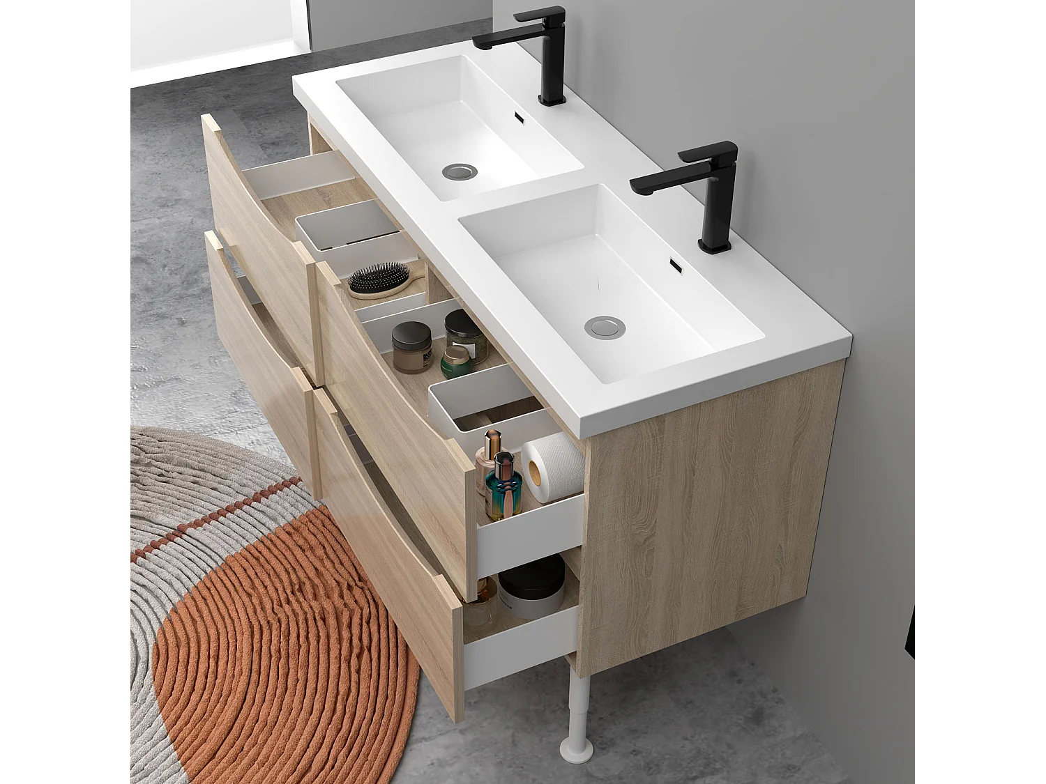 Meuble de salle de bain Brillant, Meuble de sol 120cm avec simple lavabo + 4 tiroirs, Chêne