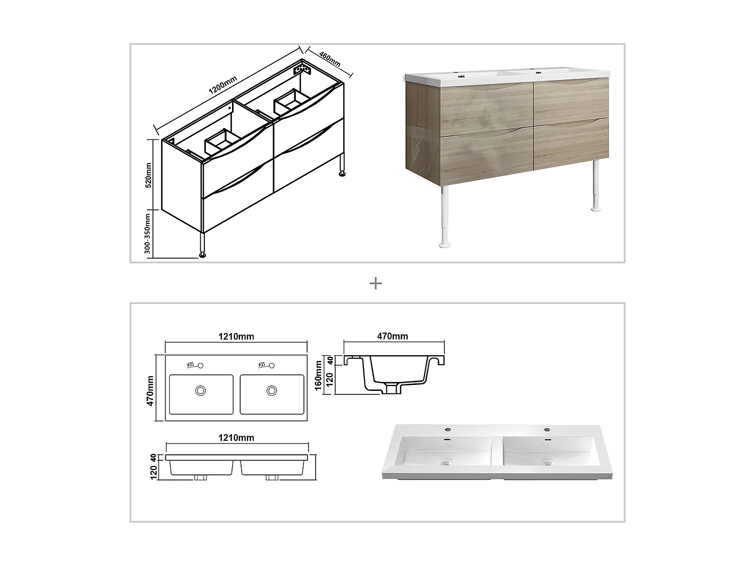 Meuble de salle de bain Brillant, Meuble de sol 120cm avec simple lavabo + 4 tiroirs, Chêne