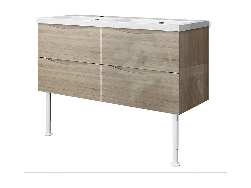 Meuble de salle de bain Brillant, Meuble de sol 120cm avec simple lavabo + 4 tiroirs, Chêne