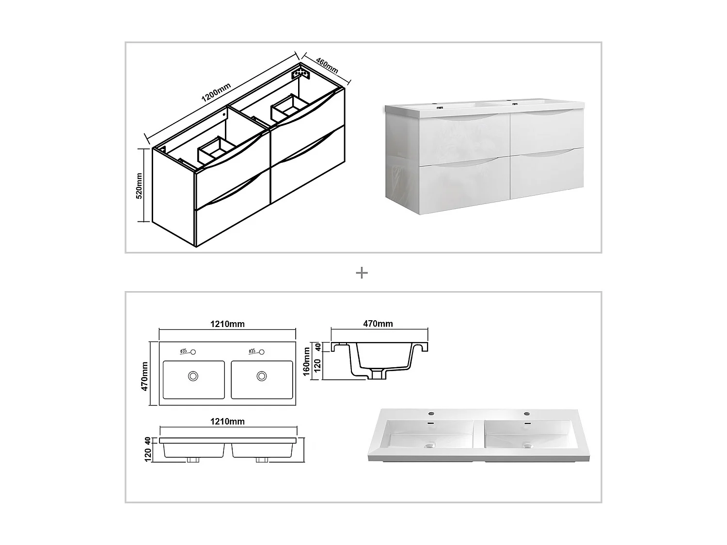 Meuble de salle de bain suspendu Brillant 120cm avec simple lavabo + 4 tiroirs, Blanc