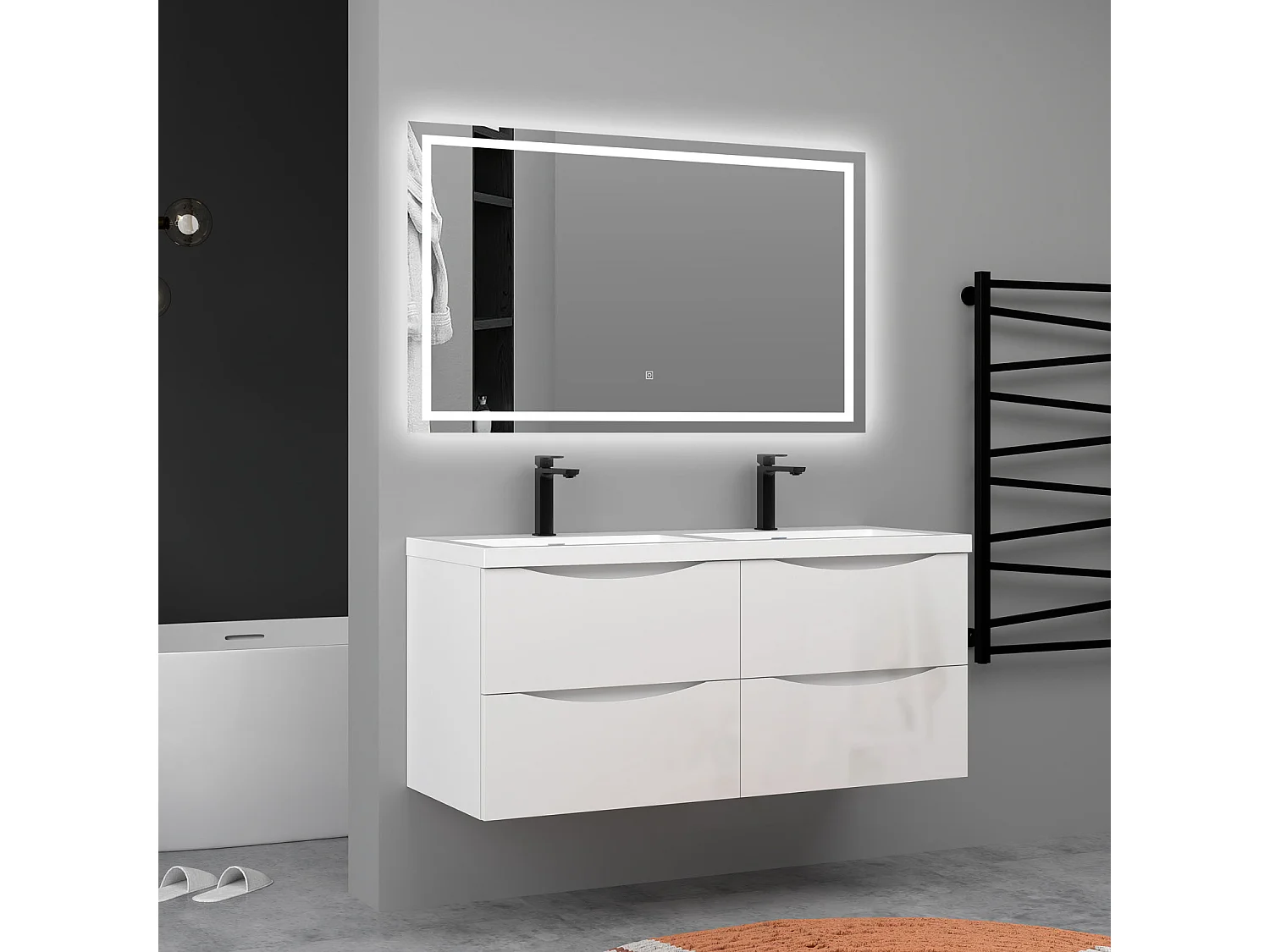 Meuble de salle de bain suspendu Brillant 120cm avec simple lavabo + 4 tiroirs, Blanc