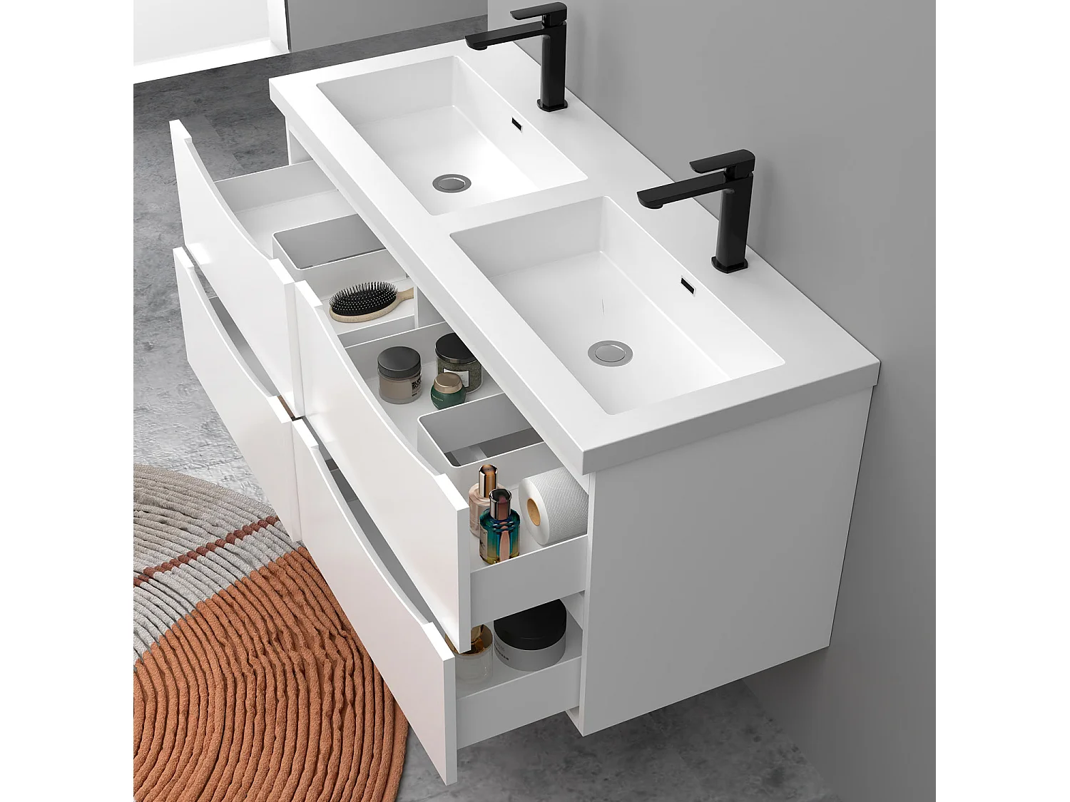Meuble de salle de bain suspendu Brillant 120cm avec simple lavabo + 4 tiroirs, Blanc