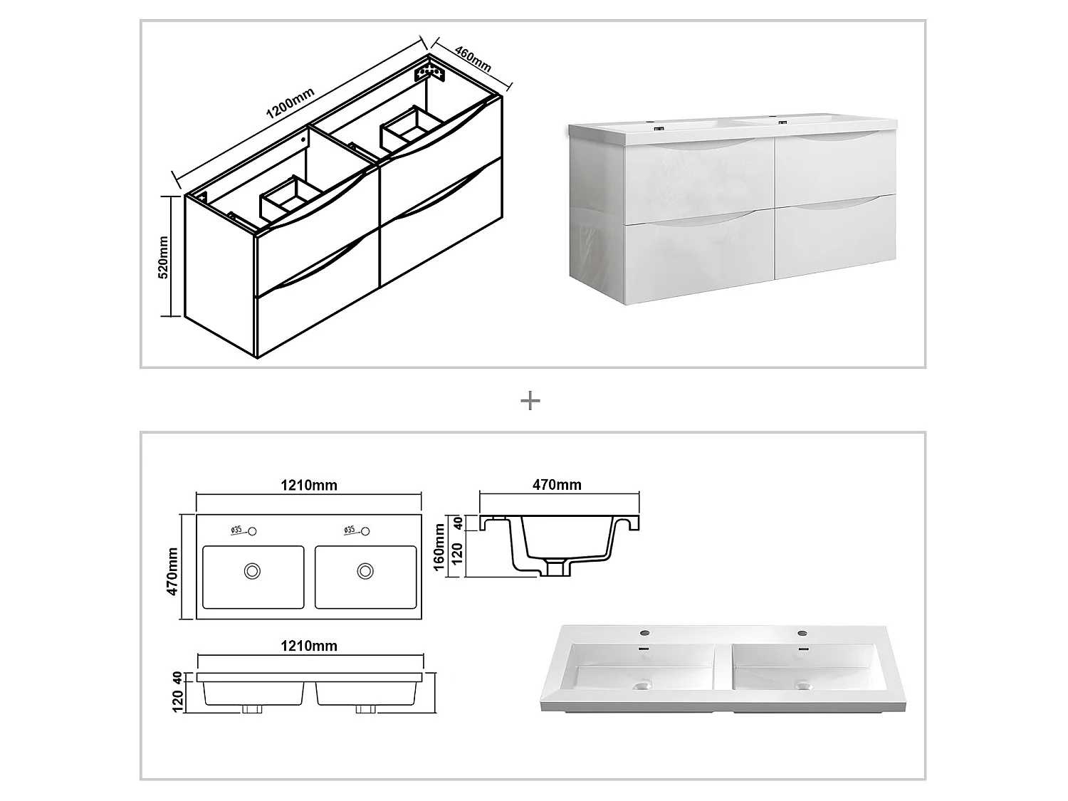 Meuble de salle de bain suspendu Brillant 120cm avec simple lavabo + 4 tiroirs, Blanc