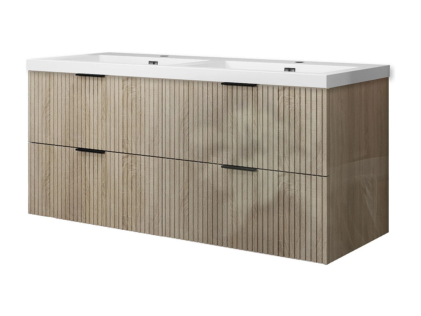 Meuble de salle de bain suspendu Strié Brillant 120cm avec simple lavabo + 4 tiroirs, Chêne