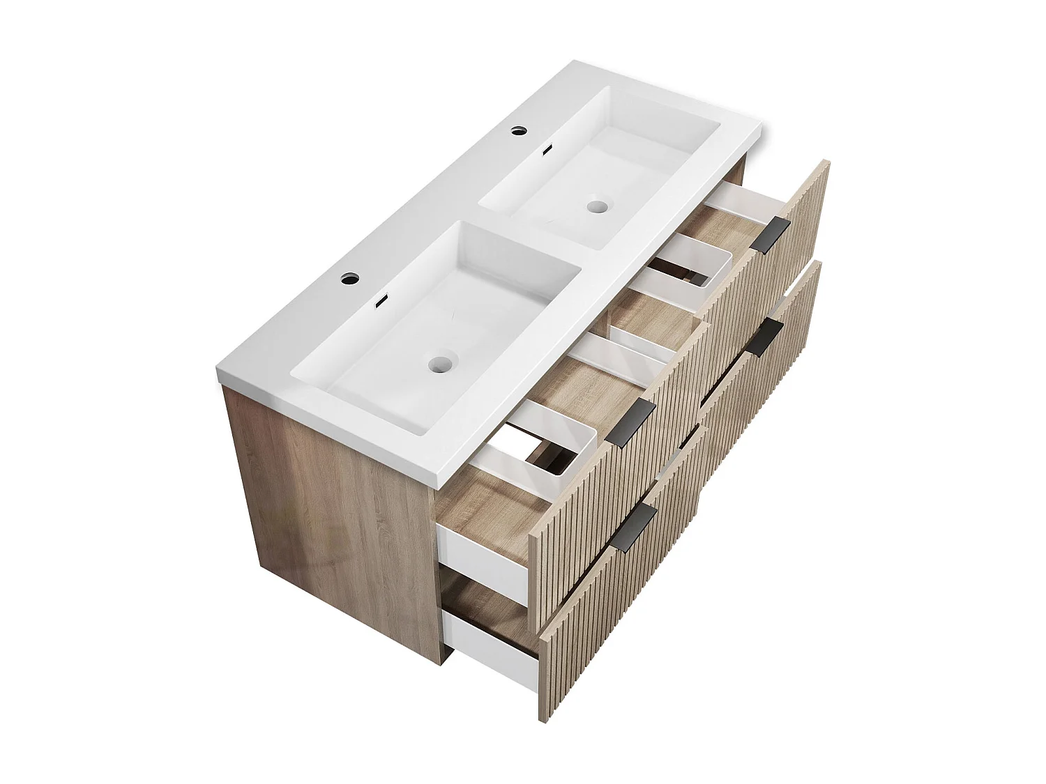 Meuble de salle de bain suspendu Strié Brillant 120cm avec simple lavabo + 4 tiroirs, Chêne