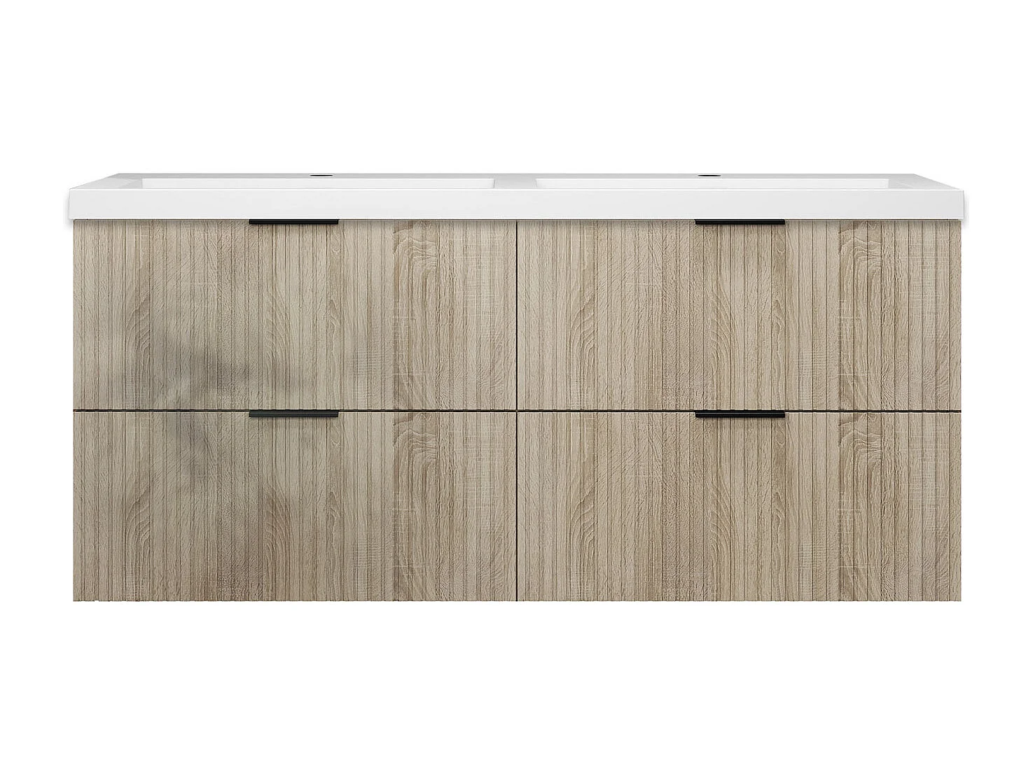 Meuble de salle de bain suspendu Strié Brillant 120cm avec simple lavabo + 4 tiroirs, Chêne