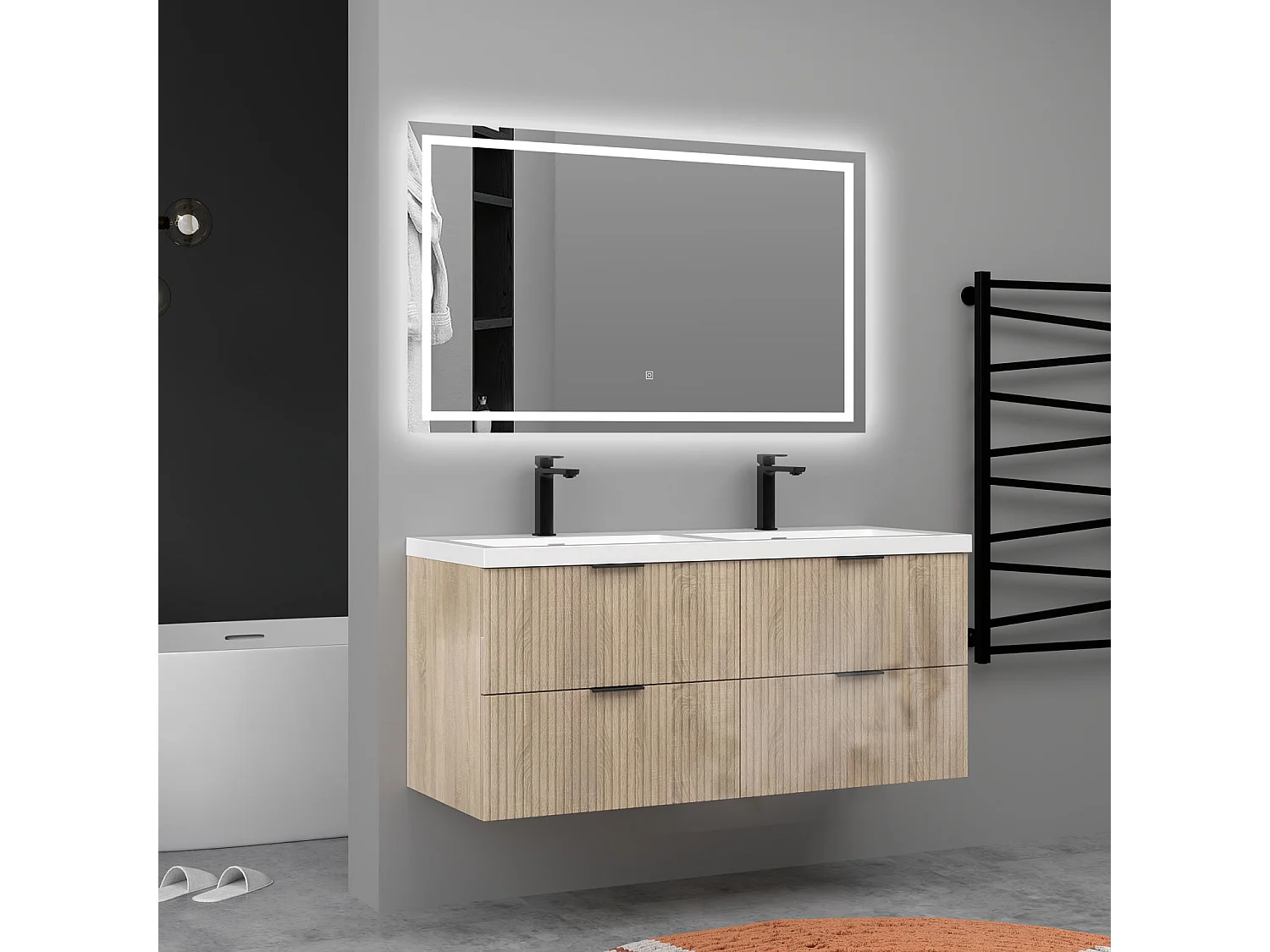 Meuble de salle de bain suspendu Strié Brillant 120cm avec simple lavabo + 4 tiroirs, Chêne