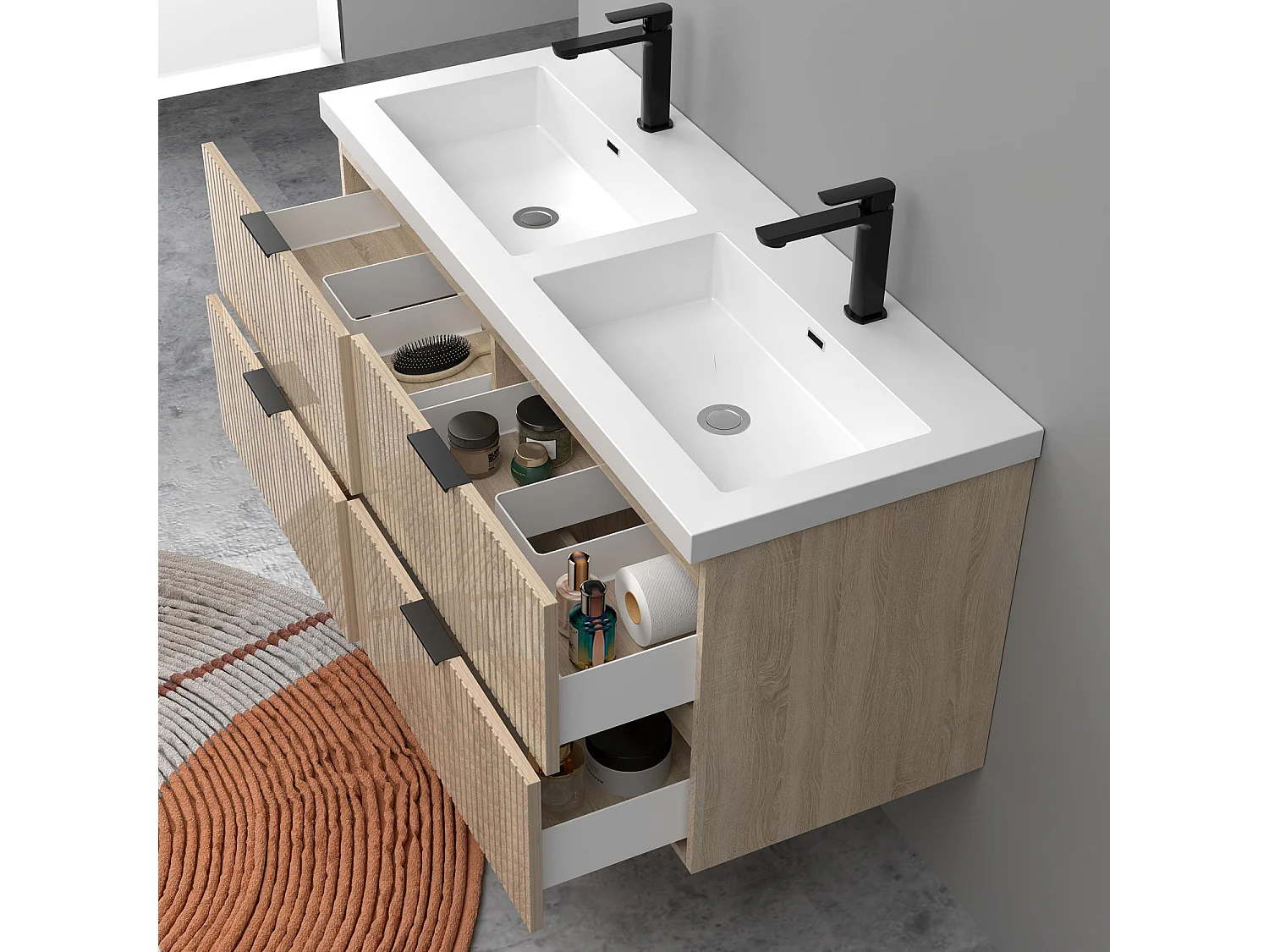 Meuble de salle de bain suspendu Strié Brillant 120cm avec simple lavabo + 4 tiroirs, Chêne