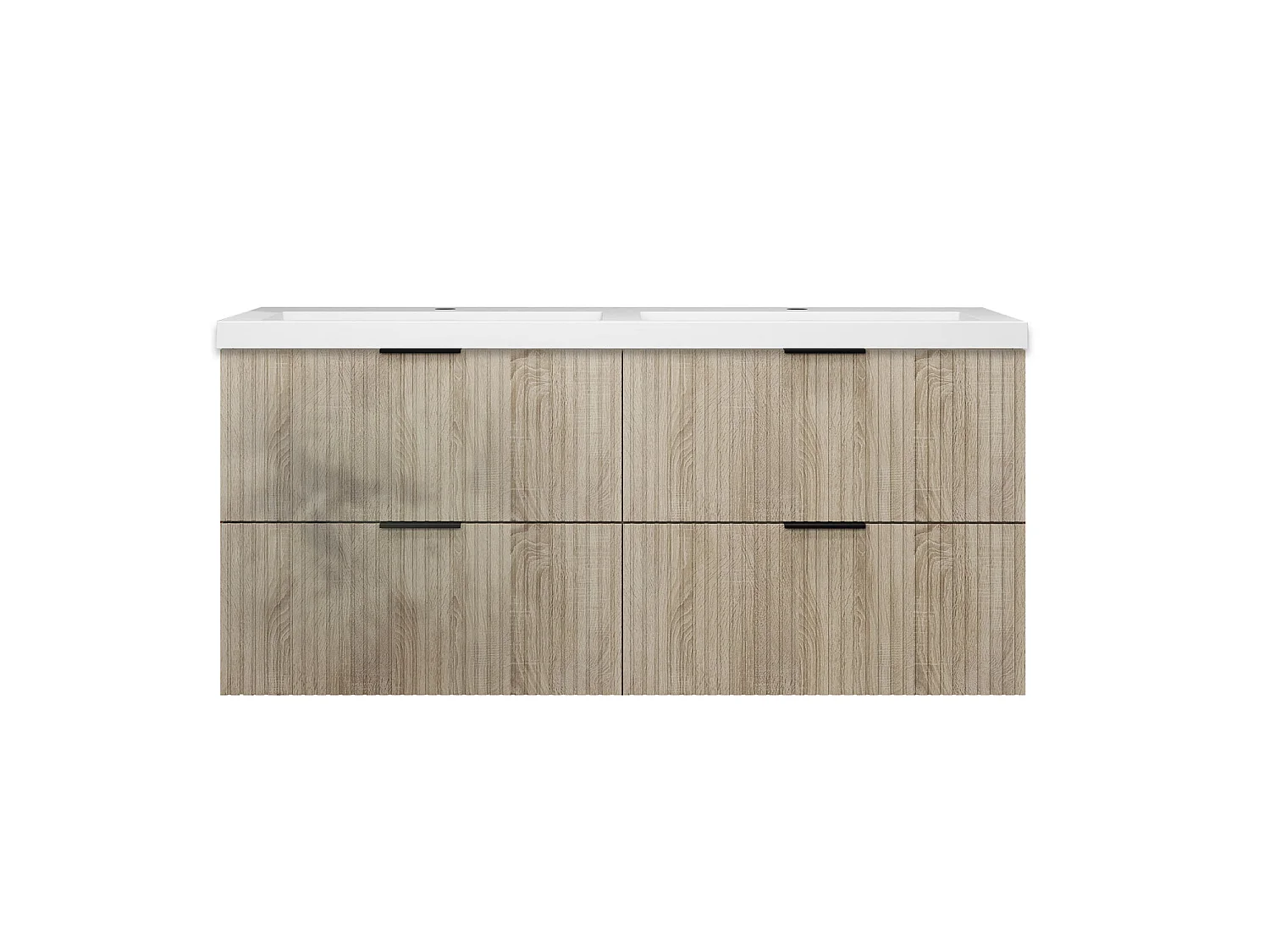 Meuble de salle de bain suspendu Strié Brillant 120cm avec simple lavabo + 4 tiroirs, Chêne