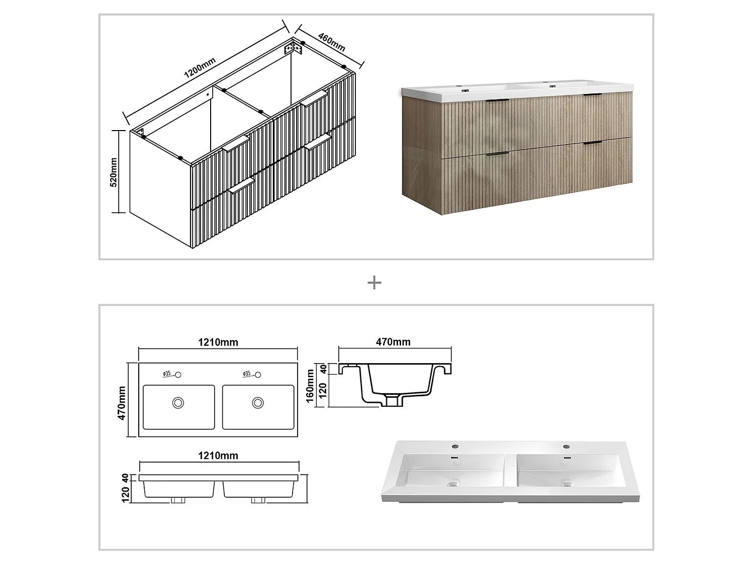Meuble de salle de bain suspendu Strié Brillant 120cm avec simple lavabo + 4 tiroirs, Chêne