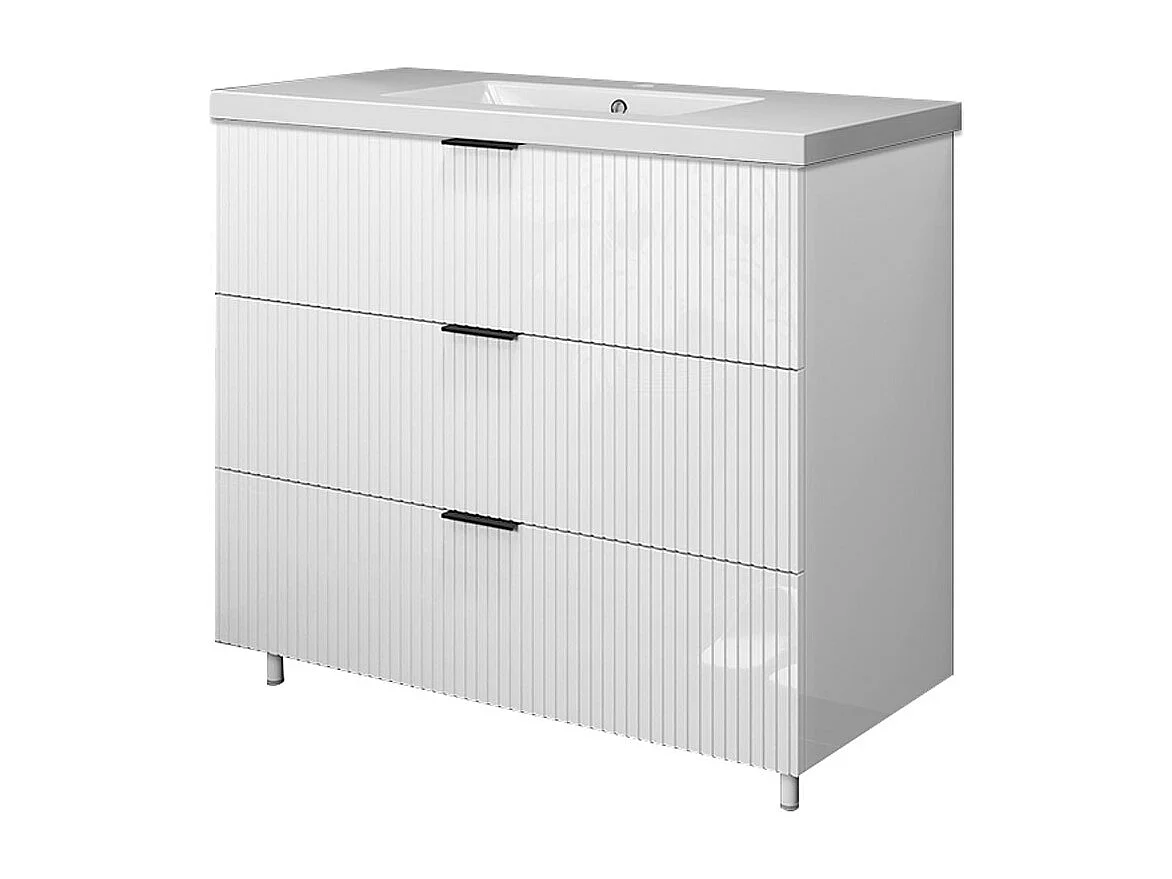 Meuble de salle de bain Strié Brillant, Meuble de sol 100cm avec simple vasque + 3 tiroirs, Blanc