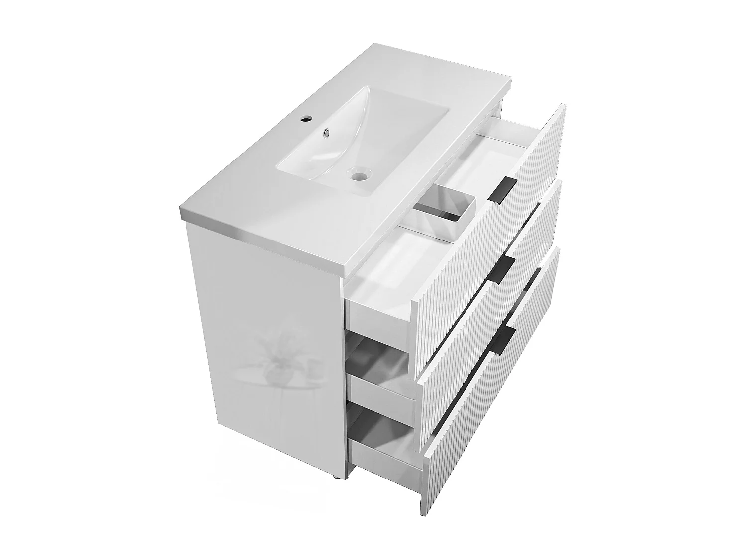 Meuble de salle de bain Strié Brillant, Meuble de sol 100cm avec simple vasque + 3 tiroirs, Blanc