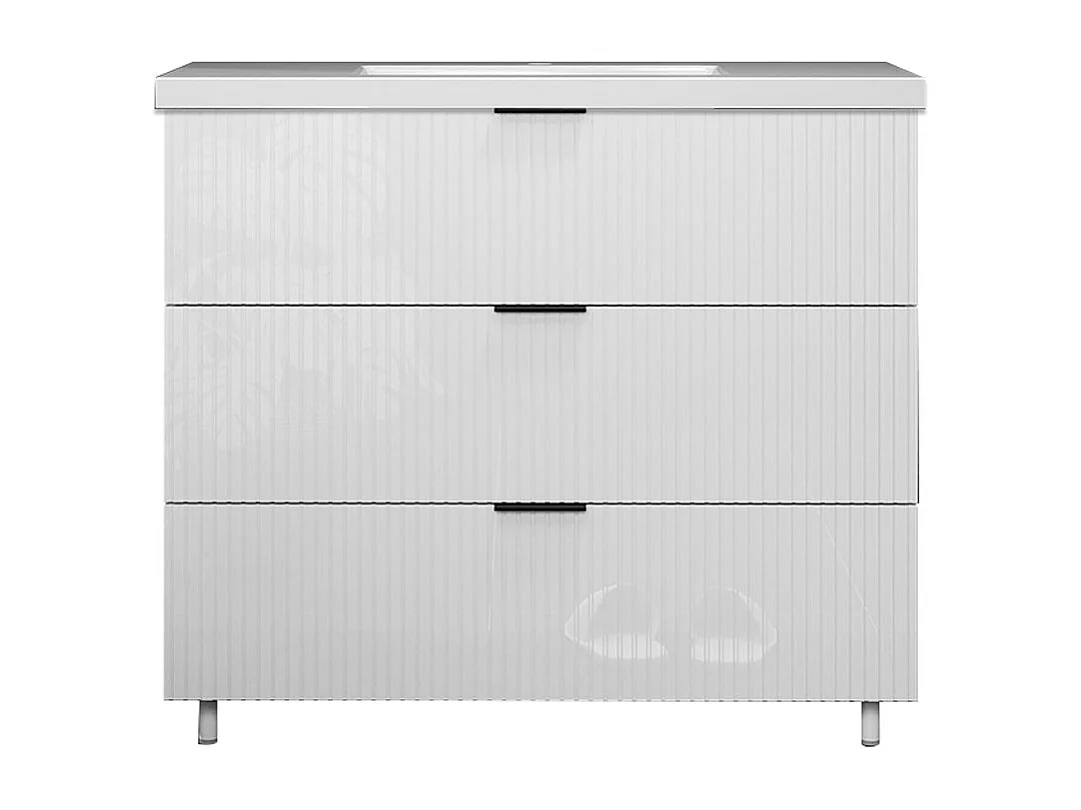 Meuble de salle de bain Strié Brillant, Meuble de sol 100cm avec simple vasque + 3 tiroirs, Blanc