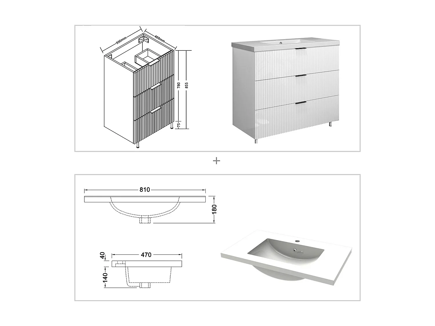 Meuble de salle de bain Strié Brillant, Meuble de sol 100cm avec simple vasque + 3 tiroirs, Blanc