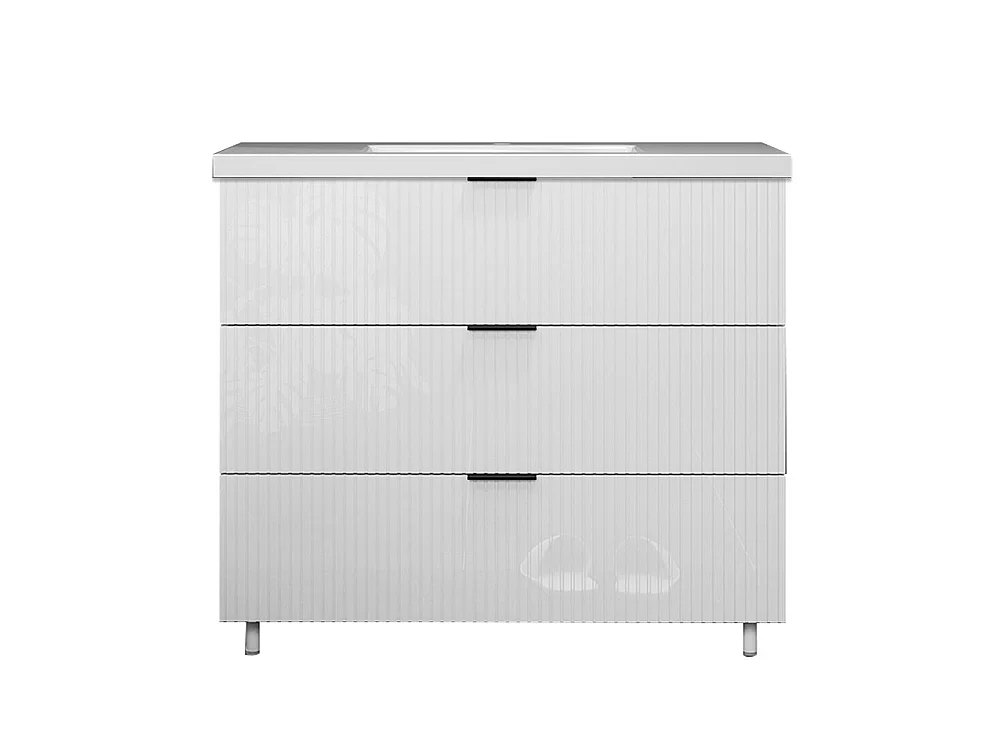 Meuble de salle de bain Strié Brillant, Meuble de sol 100cm avec simple vasque + 3 tiroirs, Blanc