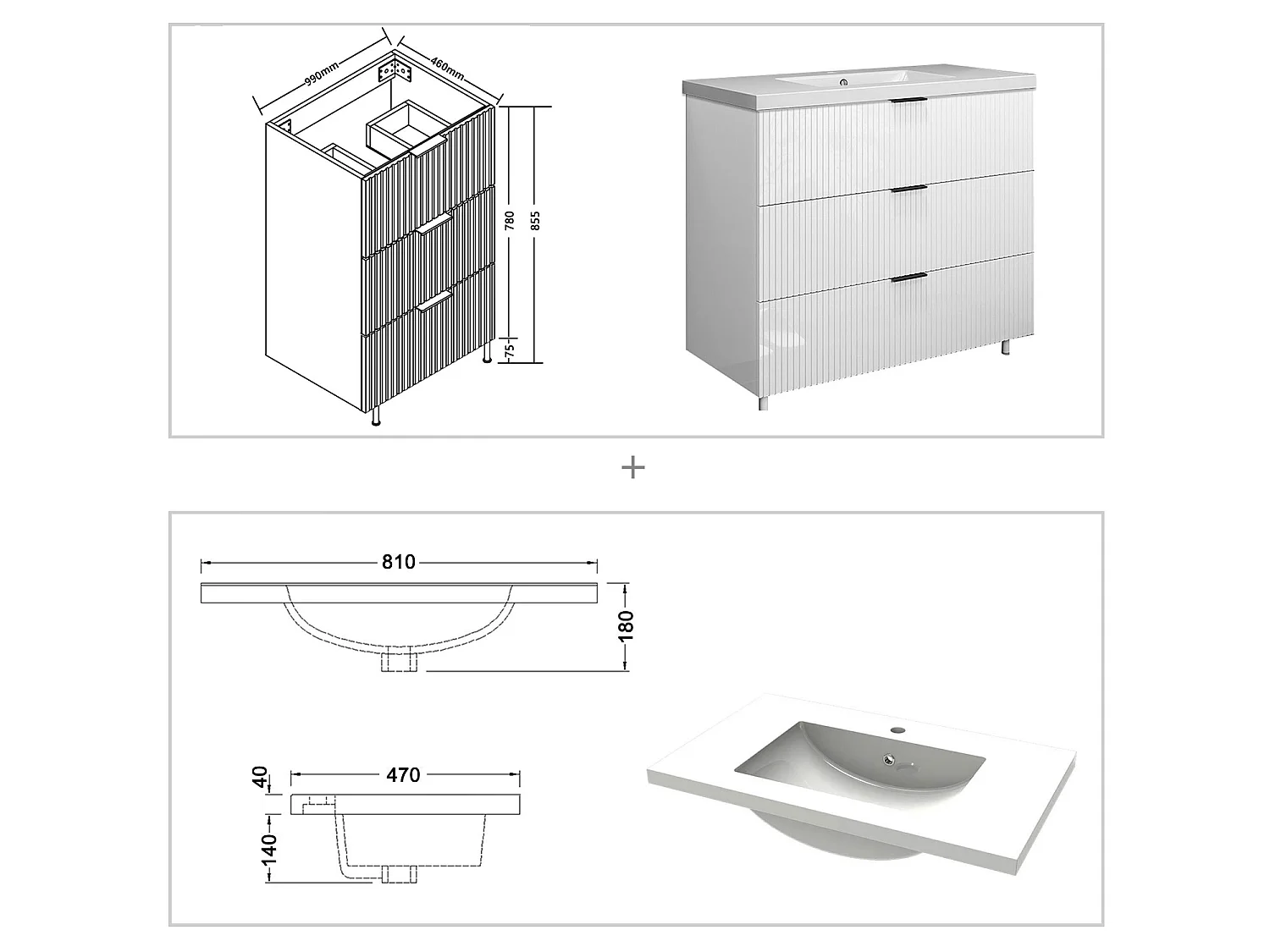 Meuble de salle de bain Strié Brillant, Meuble de sol 100cm avec simple vasque + 3 tiroirs, Blanc