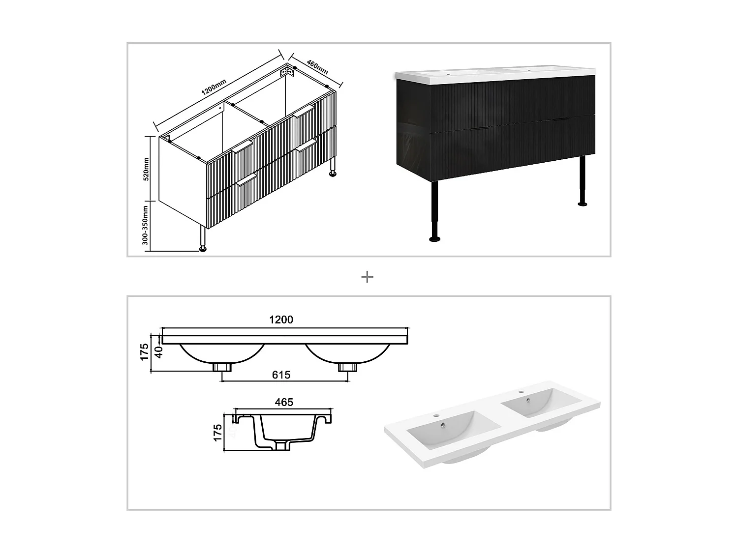 Meuble de salle de bain Strié Brillant, Meuble de sol 120cm avec simple vasque + 4 tiroirs, Noir
