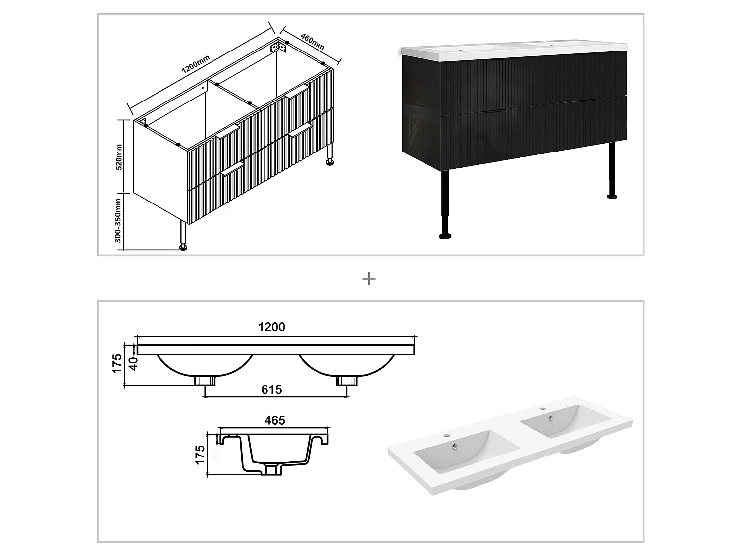 Meuble de salle de bain Strié Brillant, Meuble de sol 120cm avec simple vasque + 4 tiroirs, Noir