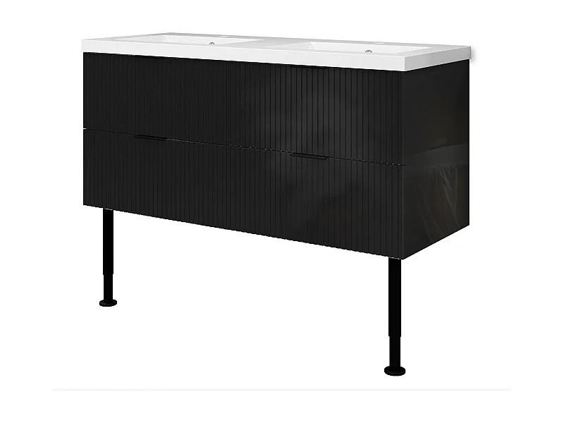 Meuble de salle de bain Strié Brillant, Meuble de sol 120cm avec simple vasque + 4 tiroirs, Noir