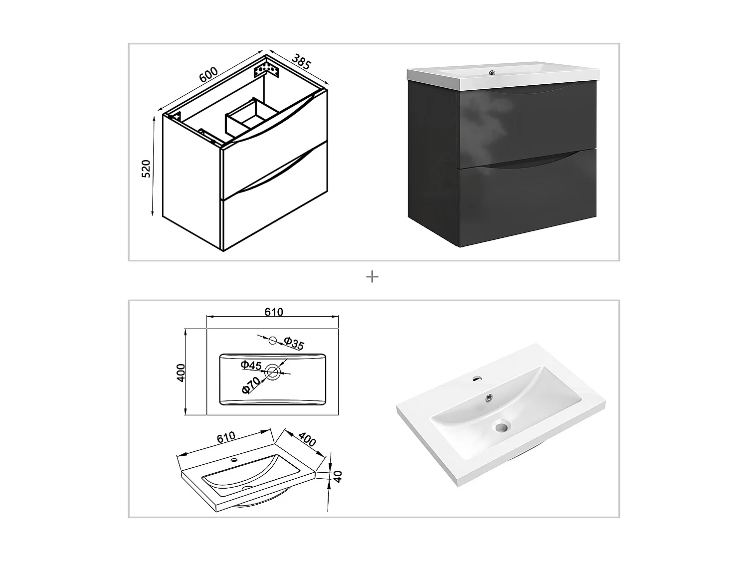 Meuble de salle de bain suspendu Brillant 60cm avec simple vasque + 2 tiroirs, Anthracite
