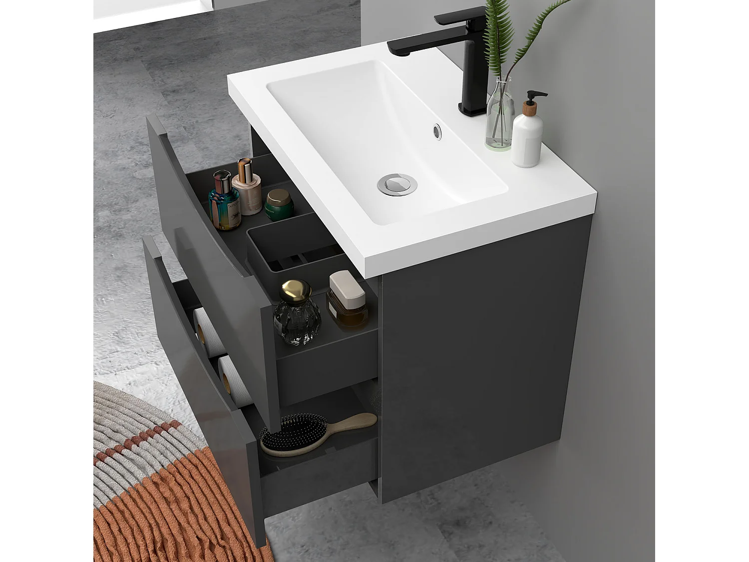 Meuble de salle de bain suspendu Brillant 60cm avec simple vasque + 2 tiroirs, Anthracite