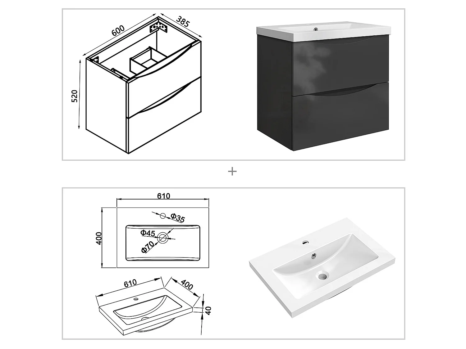 Meuble de salle de bain suspendu Brillant 60cm avec simple vasque + 2 tiroirs, Anthracite