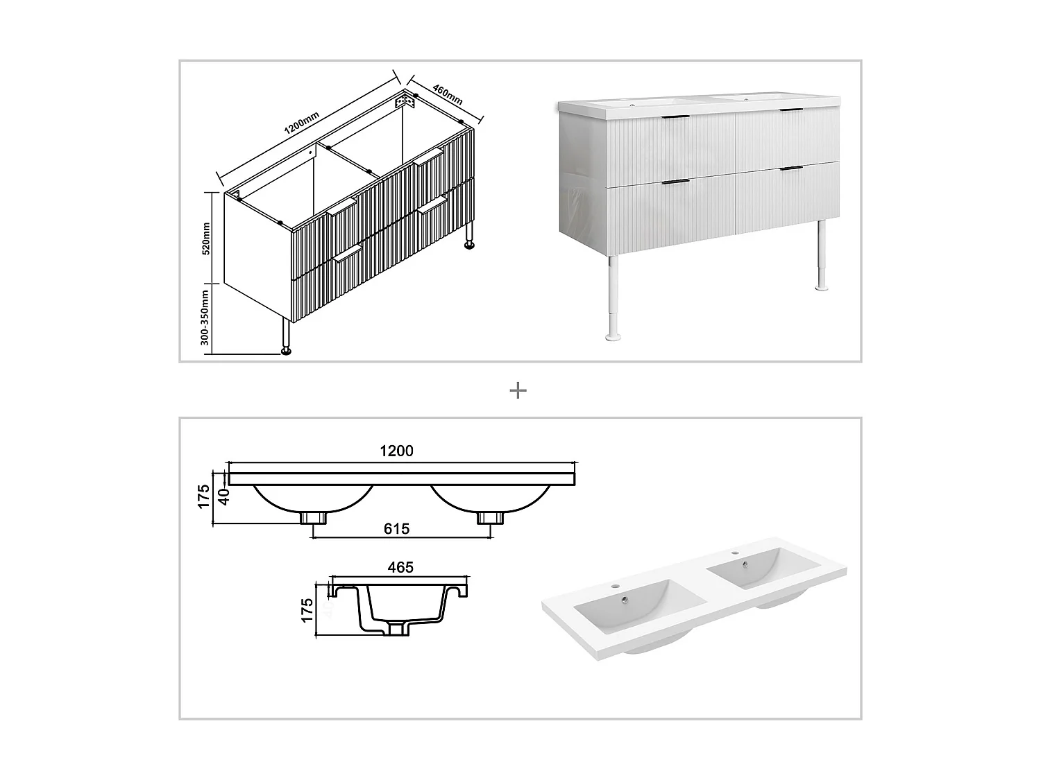 Meuble de salle de bain Strié Brillant, Meuble de sol 120cm avec simple vasque + 4 tiroirs, Blanc