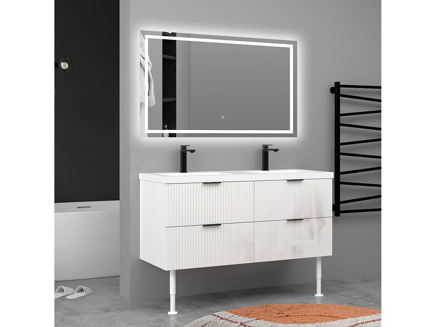 Meuble de salle de bain Strié Brillant, Meuble de sol 120cm avec simple vasque + 4 tiroirs, Blanc