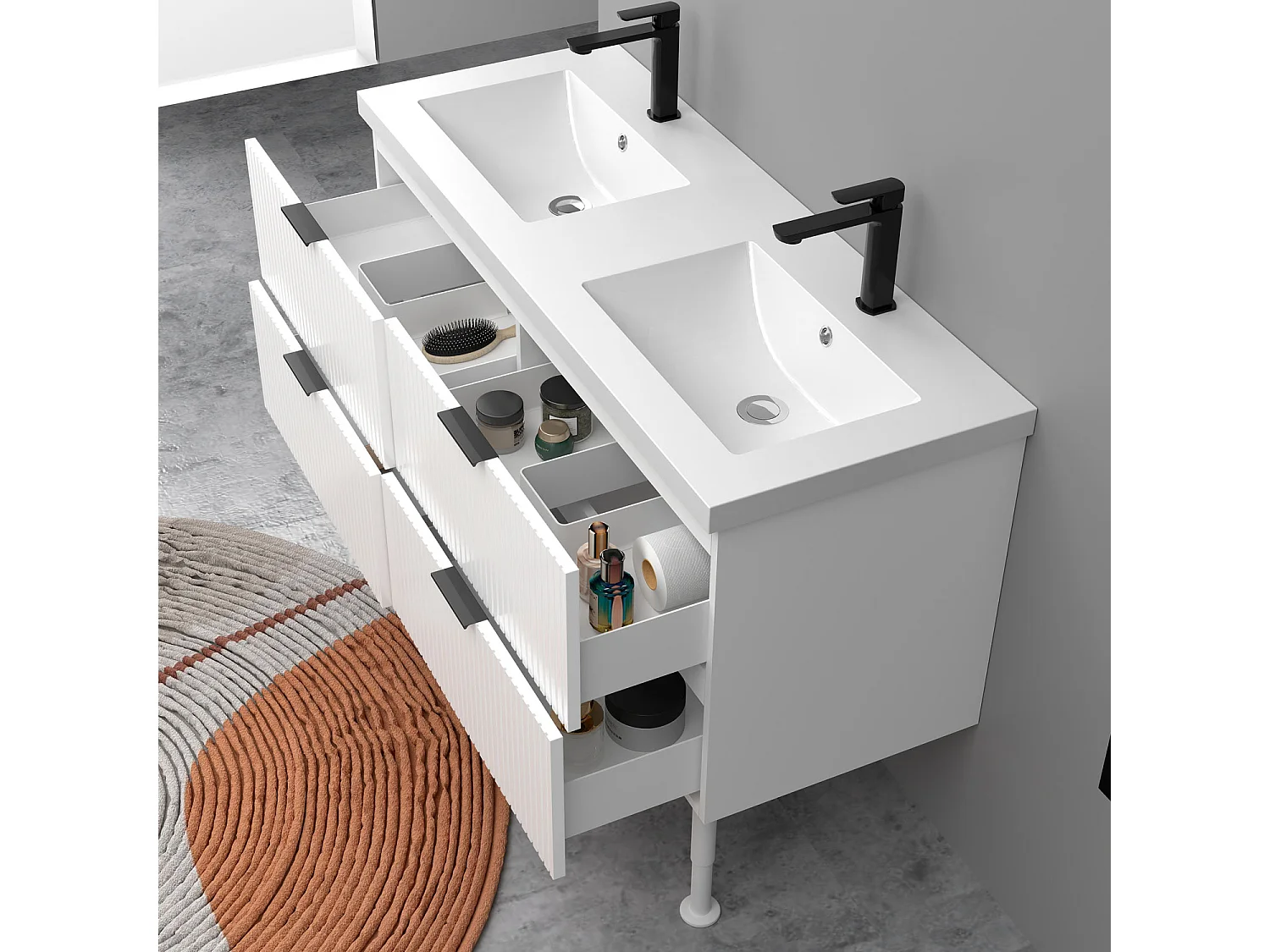 Meuble de salle de bain Strié Brillant, Meuble de sol 120cm avec simple vasque + 4 tiroirs, Blanc