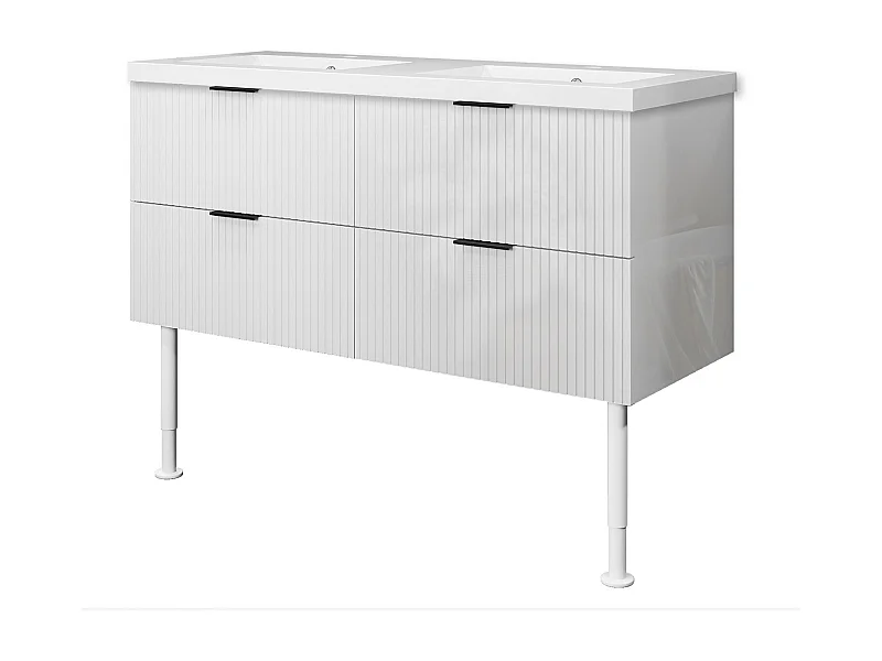 Meuble de salle de bain Strié Brillant, Meuble de sol 120cm avec simple vasque + 4 tiroirs, Blanc
