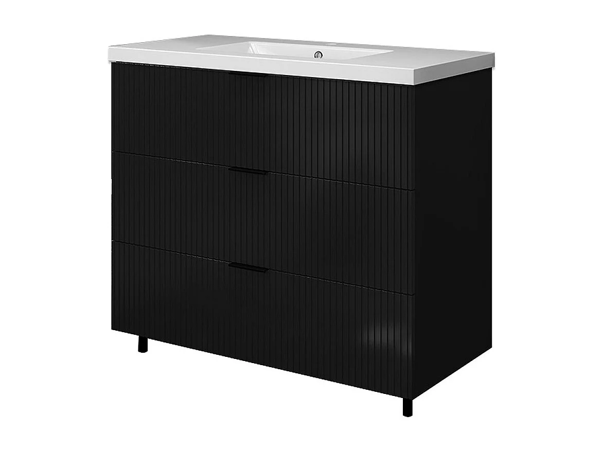 Meuble de salle de bain Strié Brillant, Meuble de sol 100cm avec simple vasque + 3 tiroirs, Noir