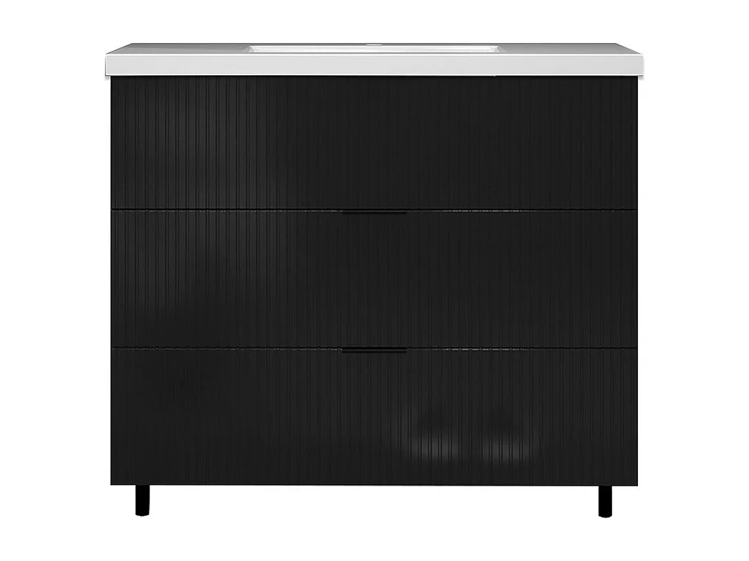 Meuble de salle de bain Strié Brillant, Meuble de sol 100cm avec simple vasque + 3 tiroirs, Noir