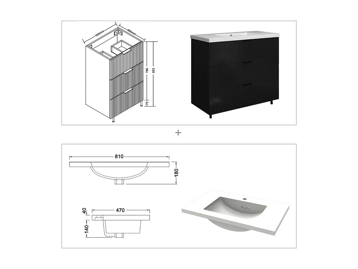 Meuble de salle de bain Strié Brillant, Meuble de sol 100cm avec simple vasque + 3 tiroirs, Noir