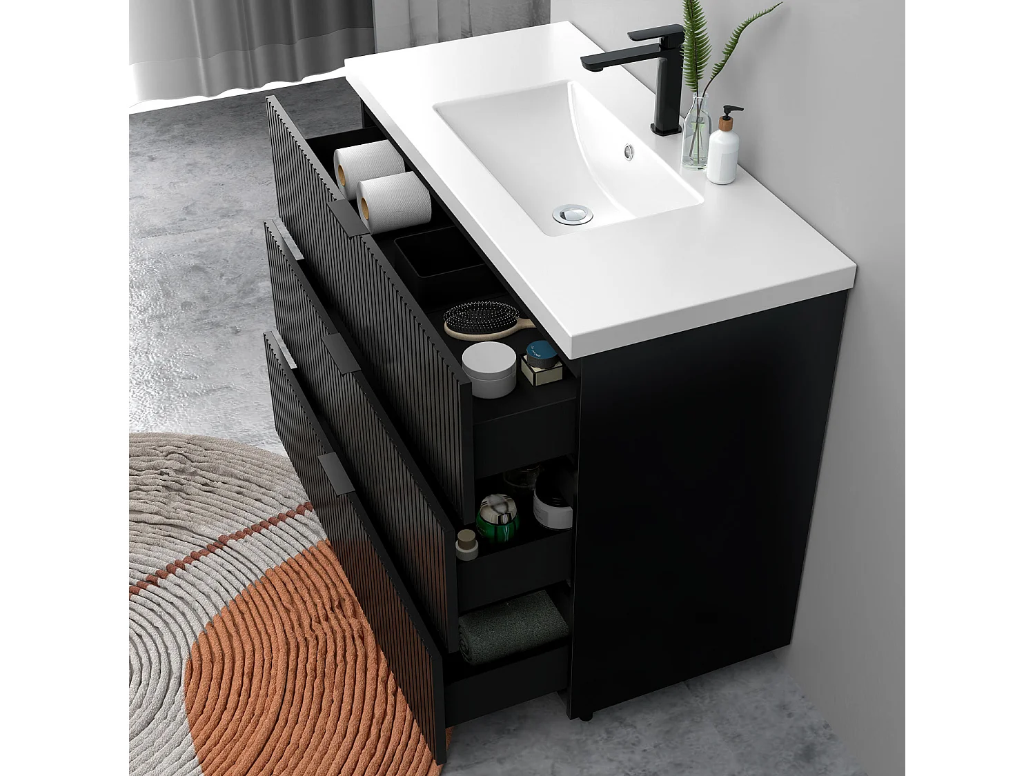 Meuble de salle de bain Strié Brillant, Meuble de sol 100cm avec simple vasque + 3 tiroirs, Noir