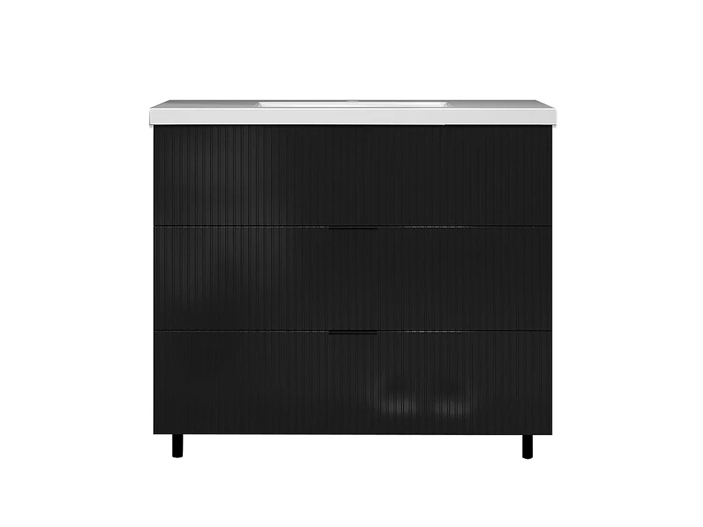 Meuble de salle de bain Strié Brillant, Meuble de sol 100cm avec simple vasque + 3 tiroirs, Noir