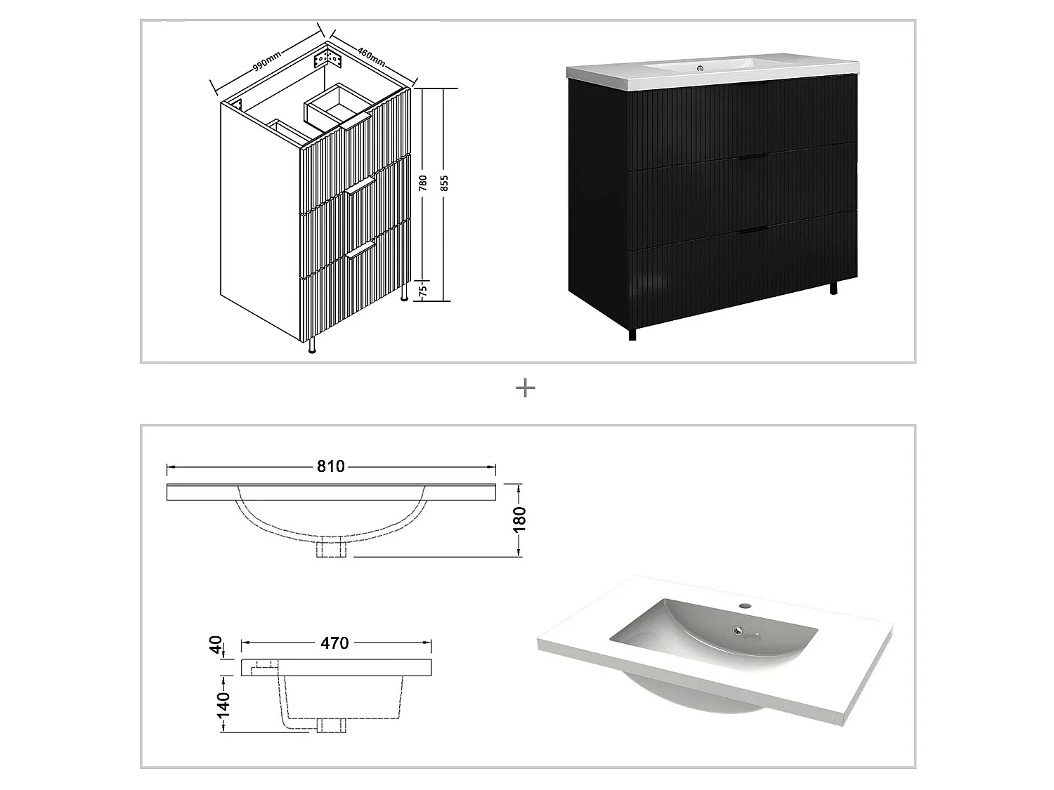 Meuble de salle de bain Strié Brillant, Meuble de sol 100cm avec simple vasque + 3 tiroirs, Noir