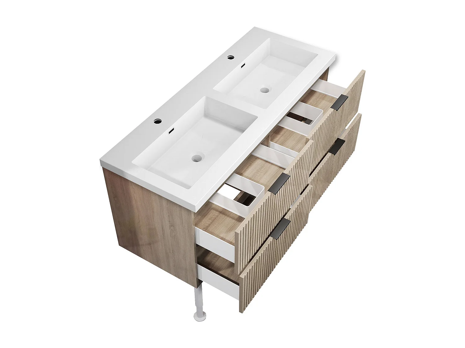 Meuble de salle de bain Strié Brillant, Meuble de sol 120cm avec simple lavabo + 4 tiroirs, Chêne