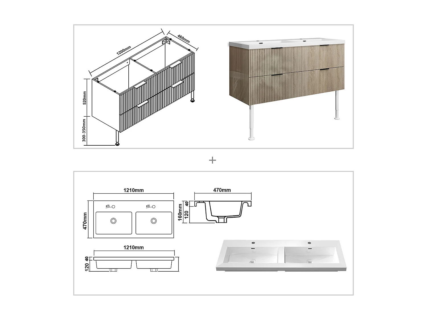 Meuble de salle de bain Strié Brillant, Meuble de sol 120cm avec simple lavabo + 4 tiroirs, Chêne