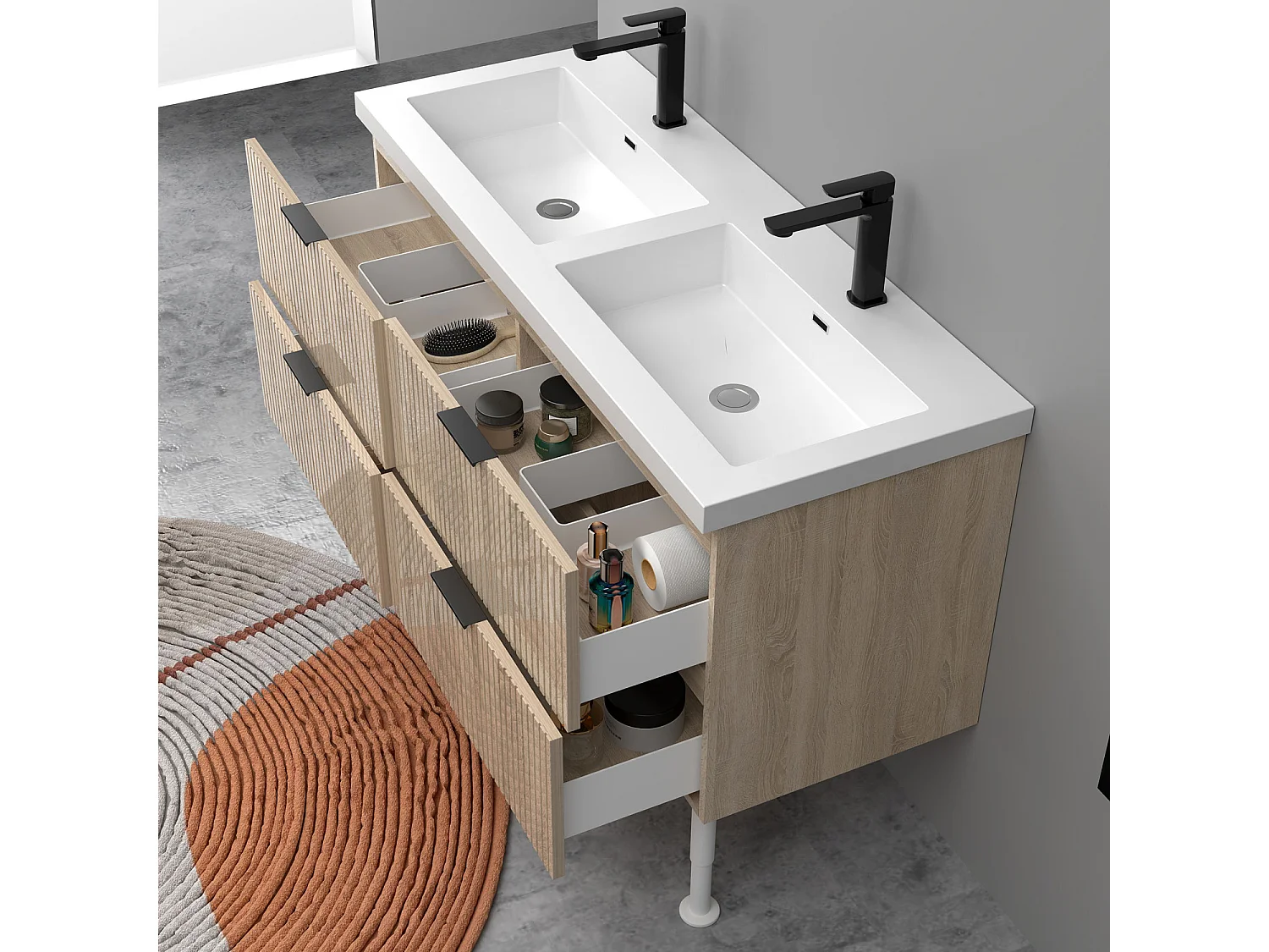 Meuble de salle de bain Strié Brillant, Meuble de sol 120cm avec simple lavabo + 4 tiroirs, Chêne