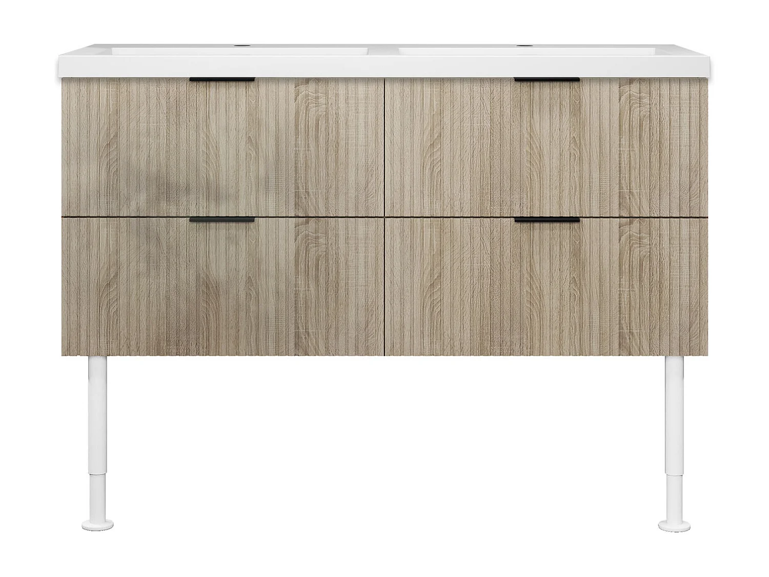 Meuble de salle de bain Strié Brillant, Meuble de sol 120cm avec simple lavabo + 4 tiroirs, Chêne
