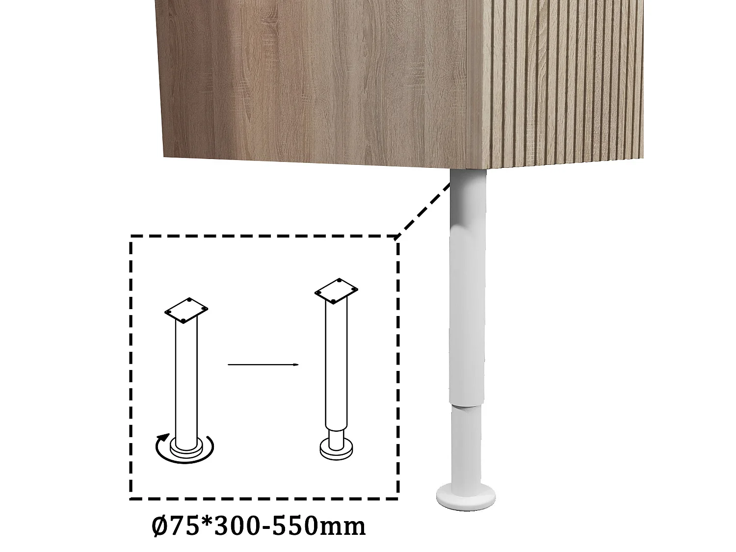 Meuble de salle de bain Strié Brillant, Meuble de sol 120cm avec simple lavabo + 4 tiroirs, Chêne