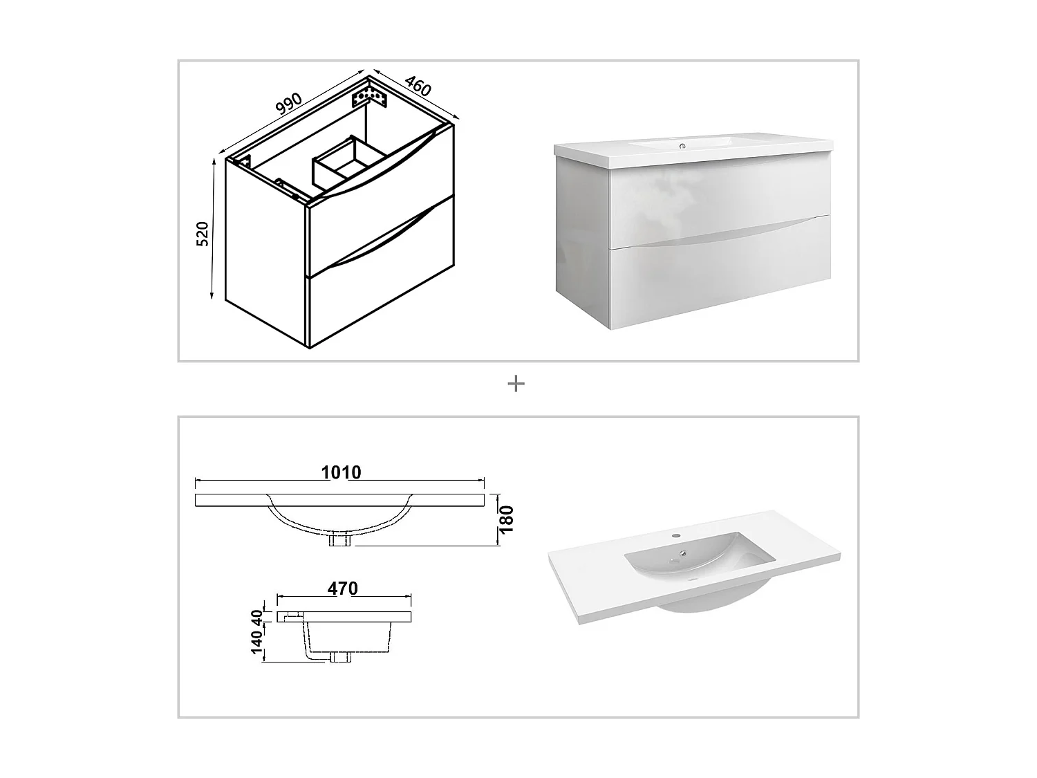 Meuble de salle de bain suspendu Brillant 100cm avec simple vasque + 2 tiroirs, Blanc