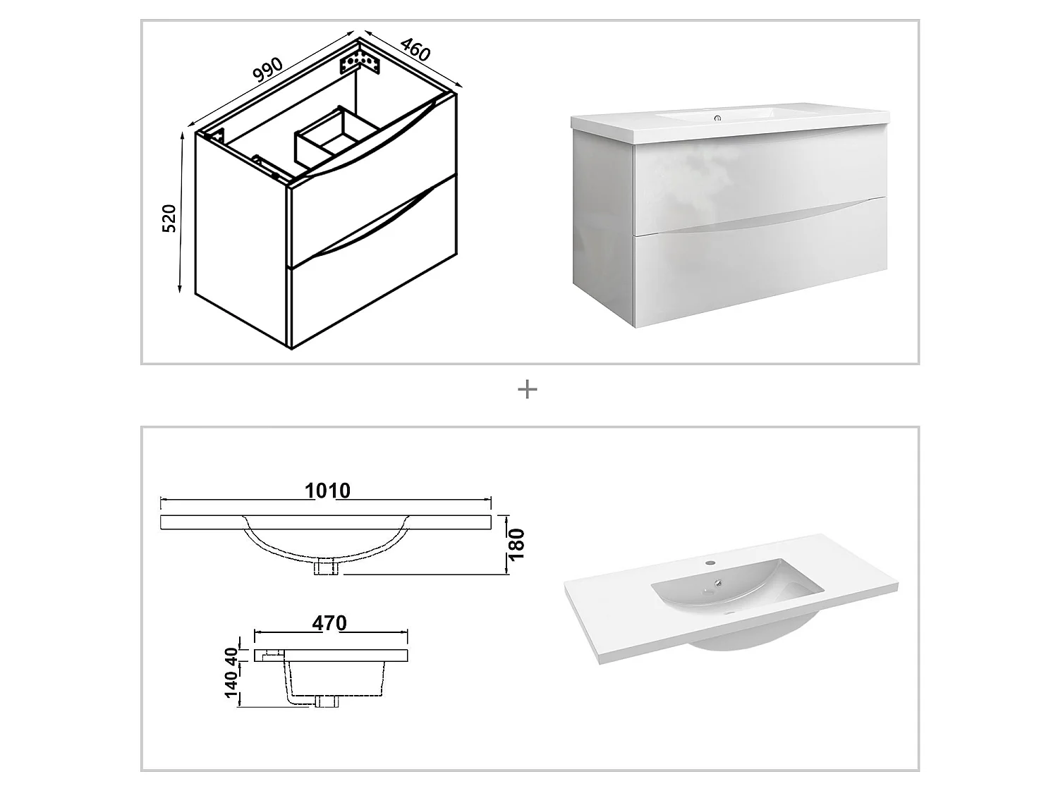 Meuble de salle de bain suspendu Brillant 100cm avec simple vasque + 2 tiroirs, Blanc