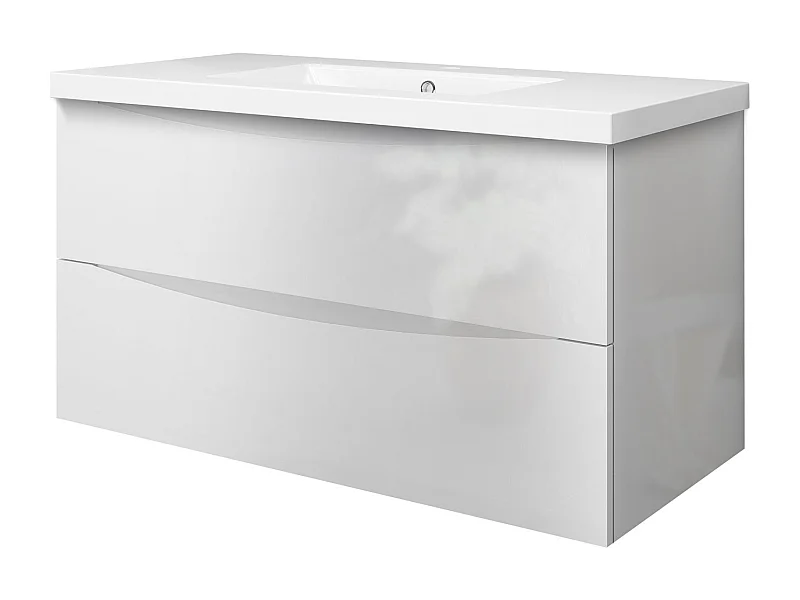 Meuble de salle de bain suspendu Brillant 100cm avec simple vasque + 2 tiroirs, Blanc