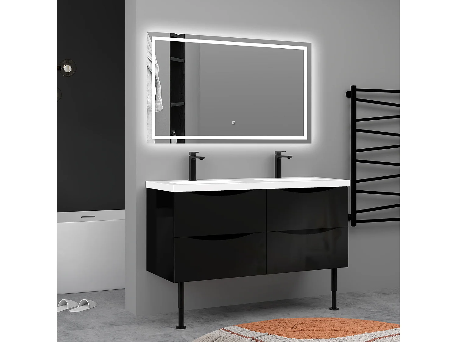 Meuble de salle de bain Brillant, Meuble de sol 120cm avec simple lavabo + 4 tiroirs, Noir
