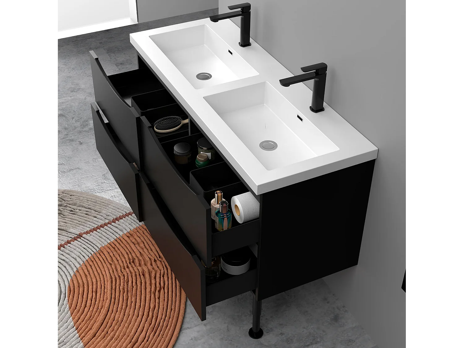 Meuble de salle de bain Brillant, Meuble de sol 120cm avec simple lavabo + 4 tiroirs, Noir