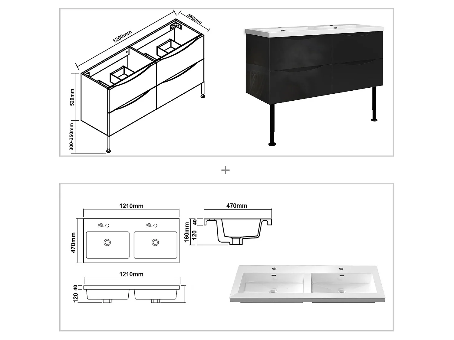 Meuble de salle de bain Brillant, Meuble de sol 120cm avec simple lavabo + 4 tiroirs, Noir