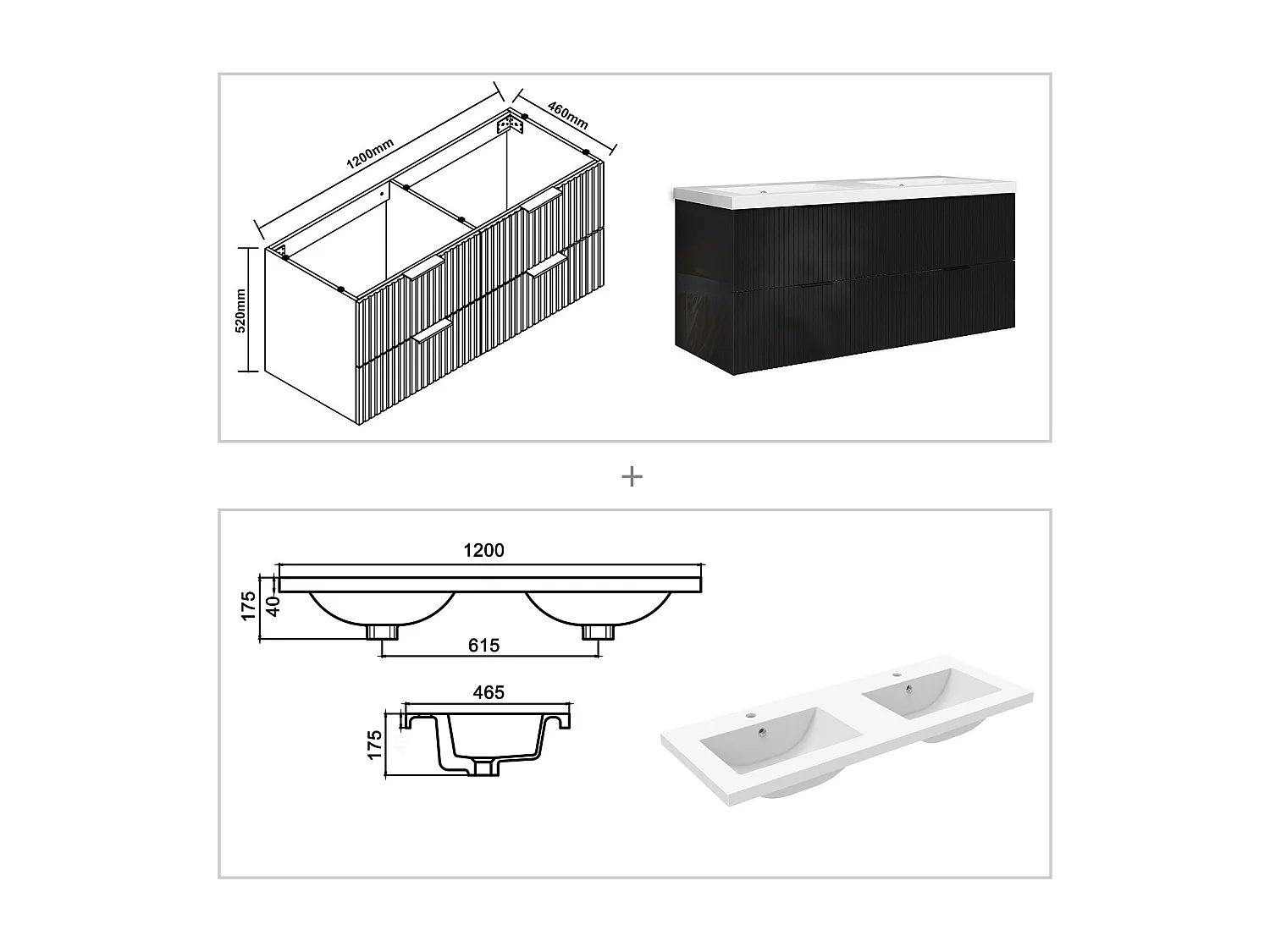 Meuble de salle de bain suspendu Strié Brillant 120cm avec simple vasque + 4 tiroirs, Noir