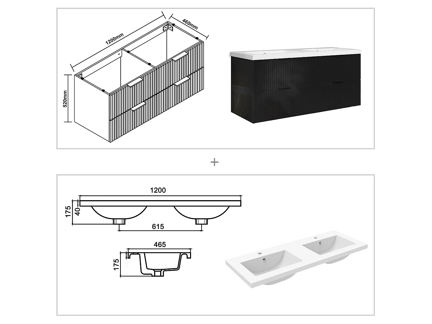 Meuble de salle de bain suspendu Strié Brillant 120cm avec simple vasque + 4 tiroirs, Noir