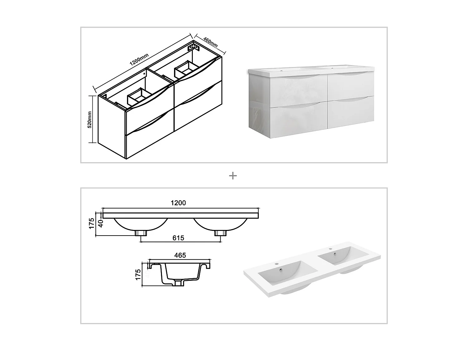 Meuble de salle de bain suspendu Brillant 120cm avec simple vasque + 4 tiroirs, Blanc